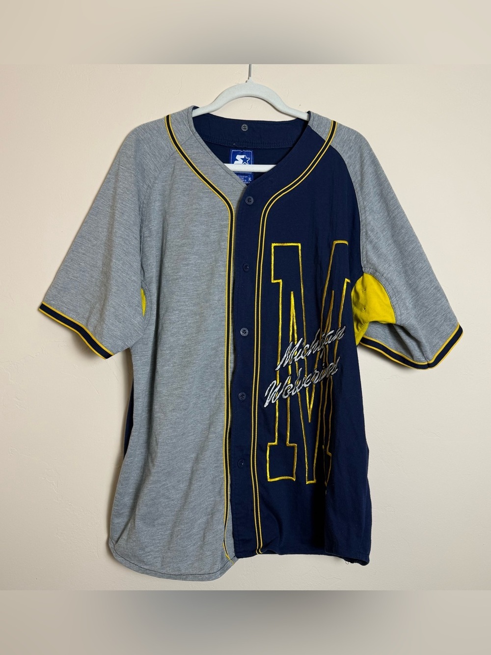 Vintage Starter Michigan Wolverines grey navy NCAA 90s baseball jersey Size XL